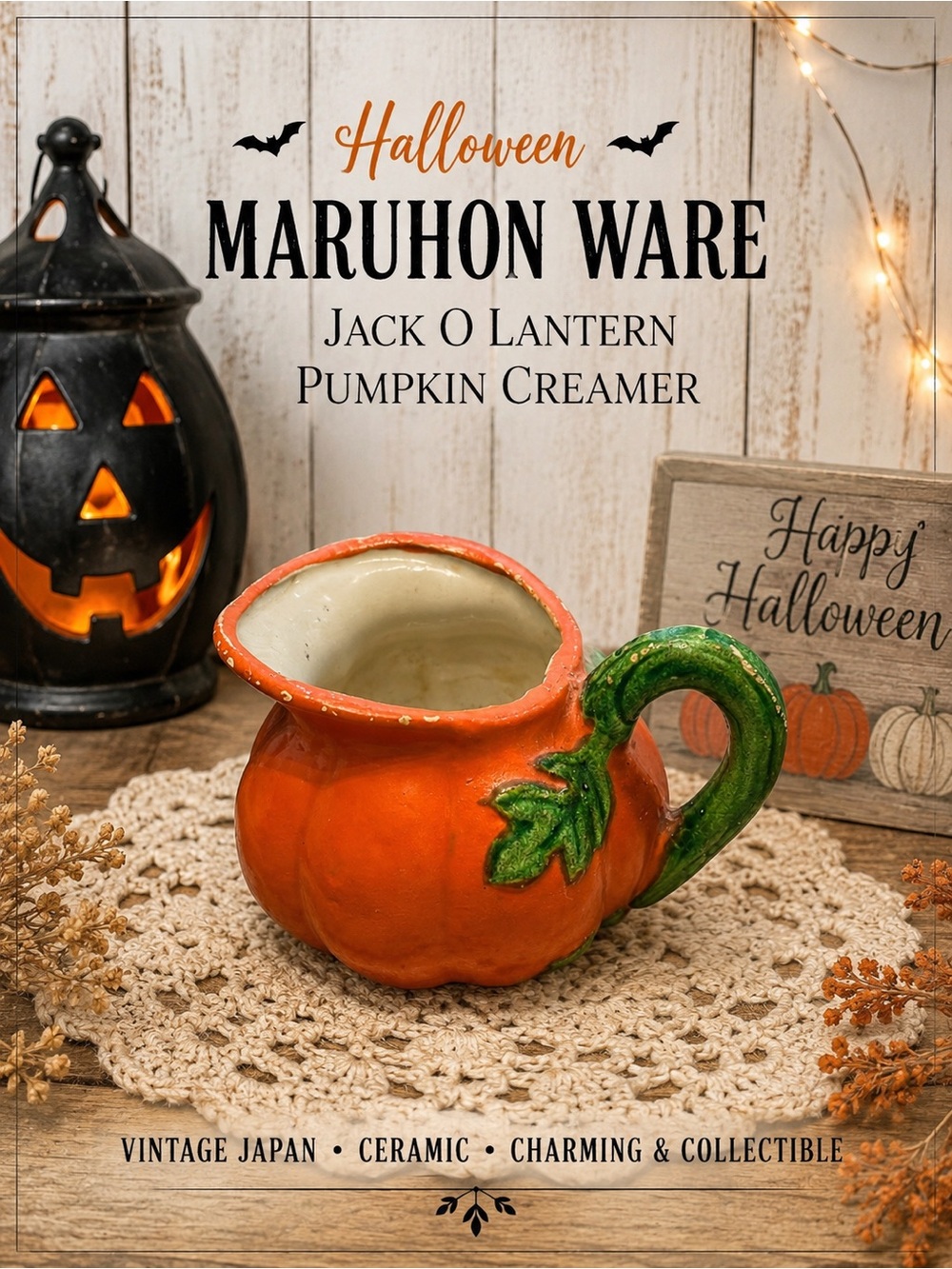 Halloween Maruhon Ware Ceramic Jack O Lantern Pumpkin Creamer vintage Japan